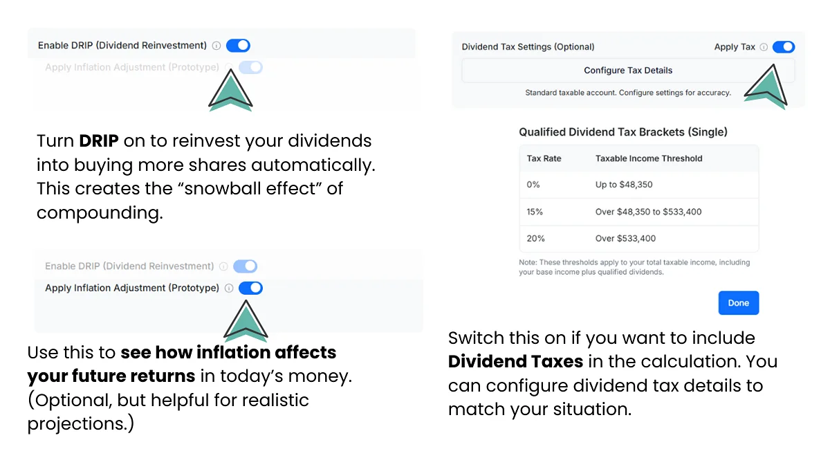 Screenshot of SCHD dividend calculator showing DRIP reinvestment, dividend tax configuration with tax brackets, and inflation adjustment settings.